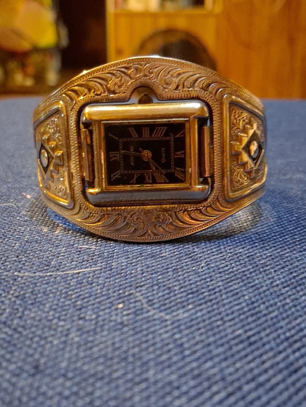 Engraved Silver-Tone Cuff Watch Bracelet with Black Dial